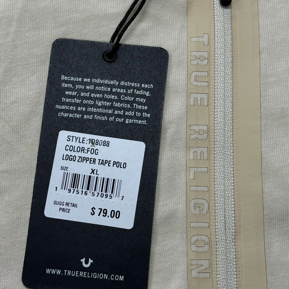 True Religion Logo Zipper Tape Polo Shirt Mens XL Fog Beige Zip 108088 NEW NWT
